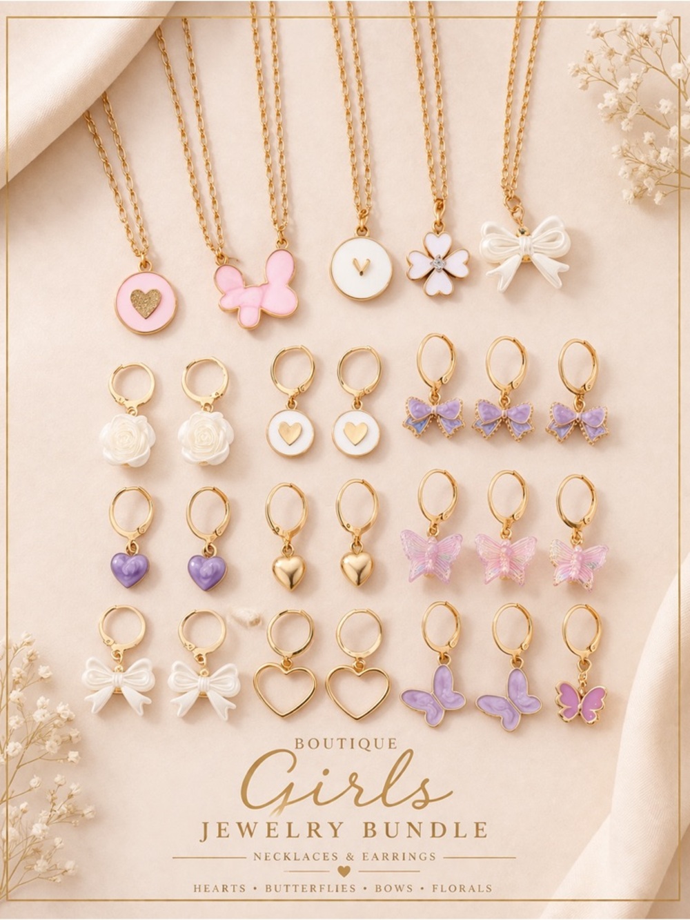 Girls Boutique Jewelry Bundle | Gold Charm Necklaces & Earrings Set |